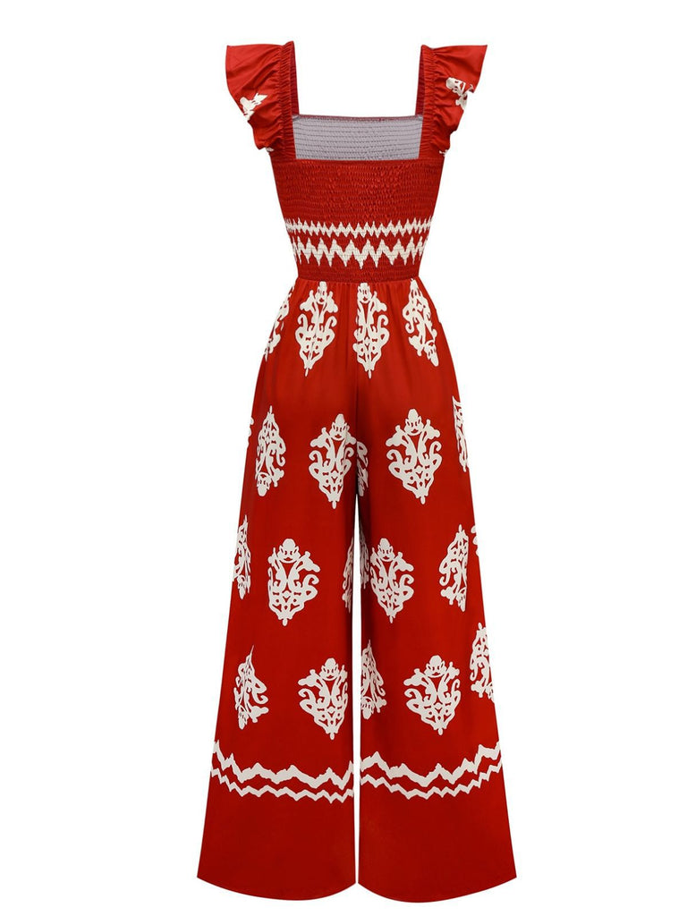 1970s Boho Geometric Print Square Neck Jumpsuit