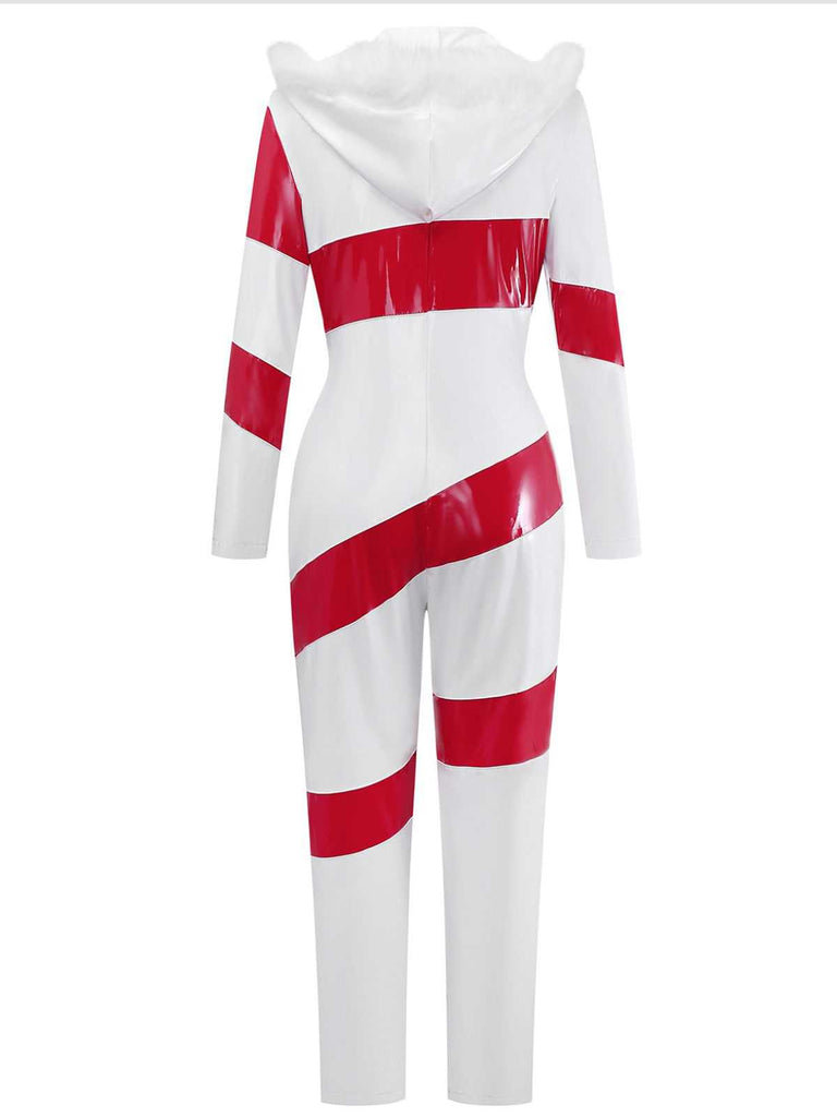 1970s Christmas Candy Cane Hooded Jumpsuit