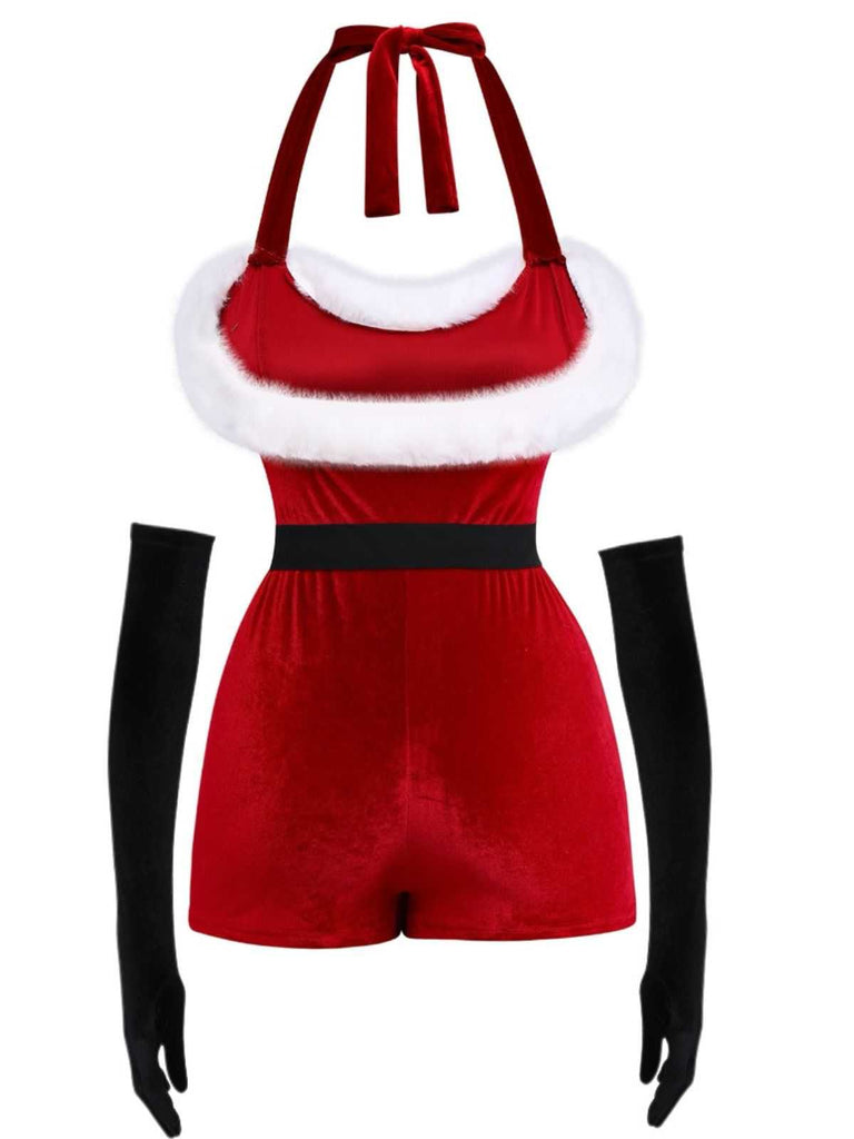1970s Christmas Velvet Faux Fur Trim Halter Romper Set