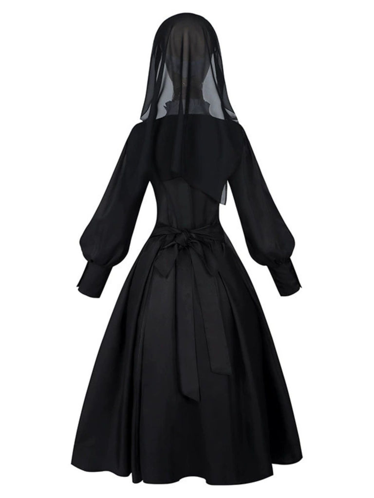 Black 1940s Nun-Style Cross Necklace Dress