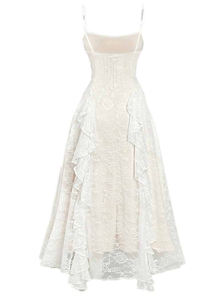 Beige 1940s Bowknot Ruffled Floral Lace Dress