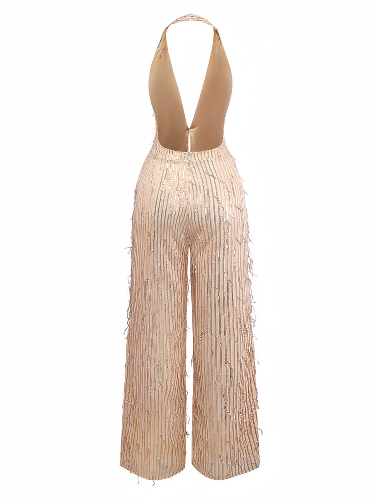 1970s Halter Deep V-Neck Sequin Fringe Jumpsuit