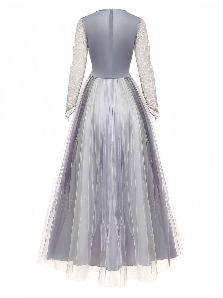 Grey 1930s Halloween Ghost Bride Mesh Dress