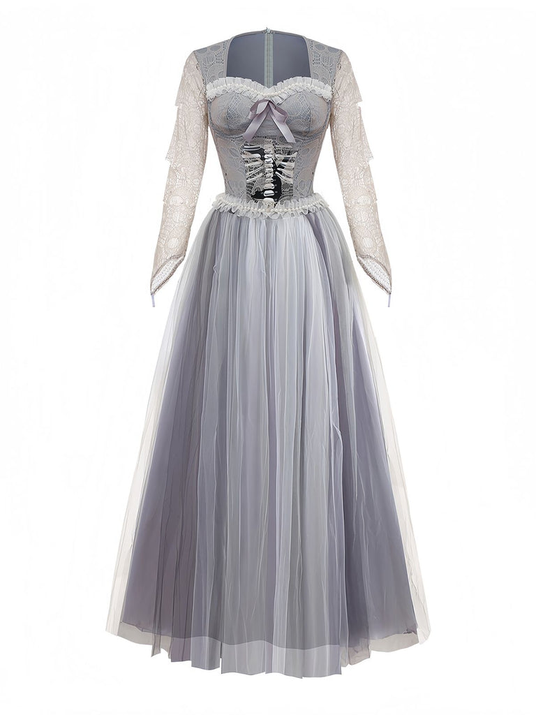 Grey 1930s Halloween Ghost Bride Mesh Dress