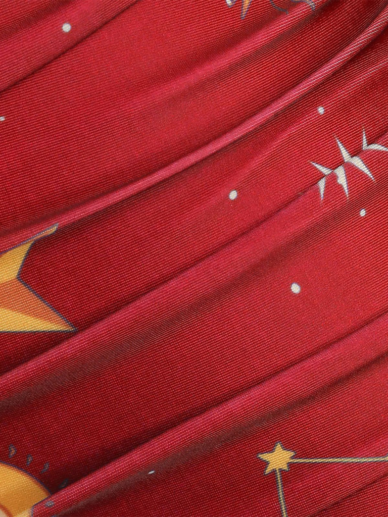 Red 1940s Sun Moon Stars Lace-Up Swimsuit