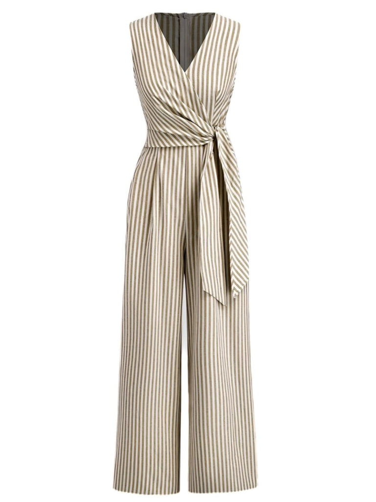 1940s V-Neck Striped Tie-Waist Sleeveless Jumpsuit