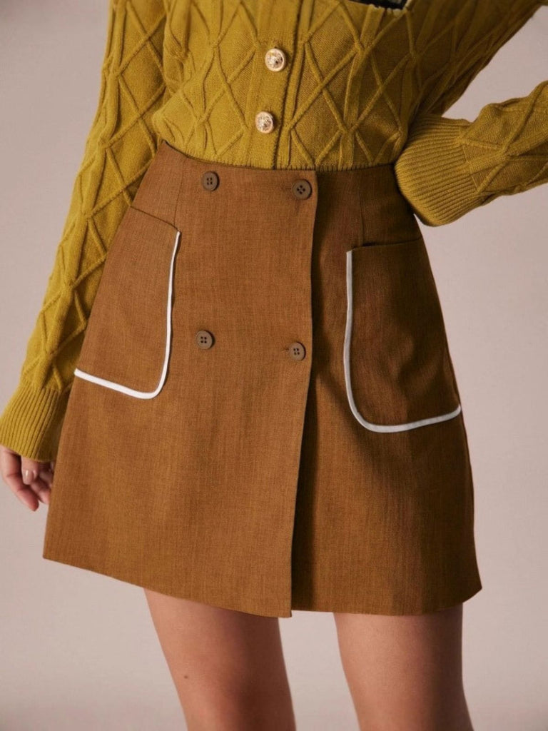 Brown 1980s Button Pocket High Waist A-Line Skirt