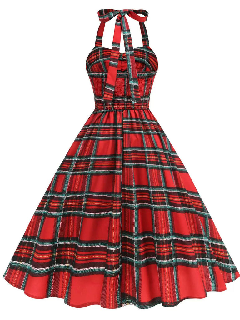 Red 1950s Halter Christmas Plaids Sleeveless Dress