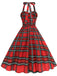 Red 1950s Halter Christmas Plaids Sleeveless Dress