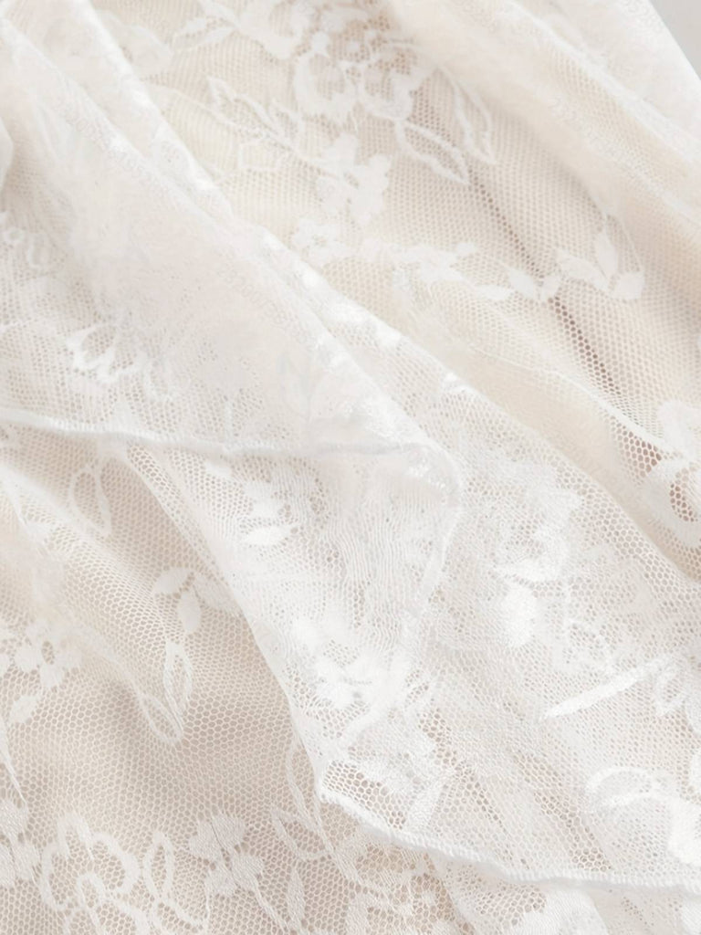 Beige 1940s Bowknot Ruffled Floral Lace Dress