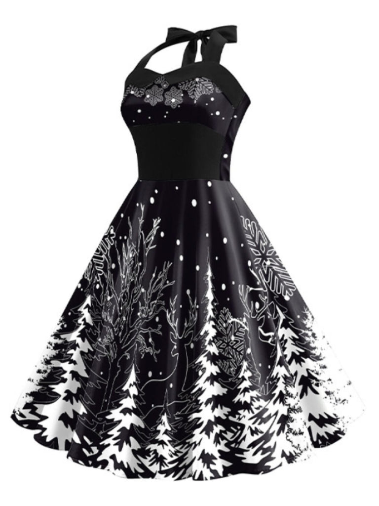 Black 1950s Christmas Halter Swing Dress
