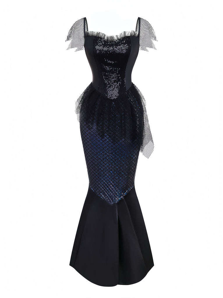 Black 1930s Sequined Mermaid Evening Dress