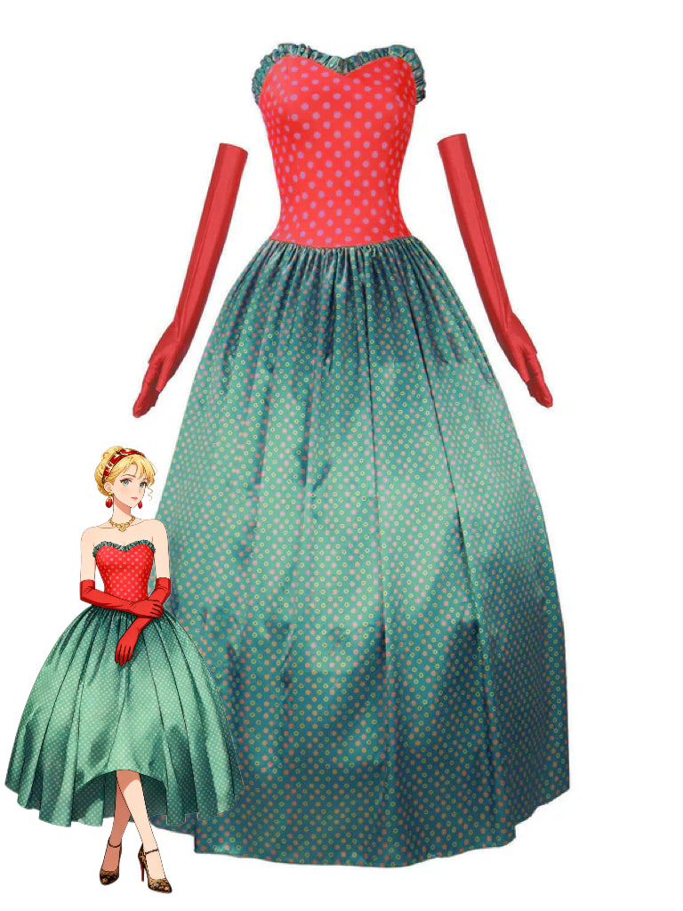 Green 1930s Grinch Martha Cosplay Polka Dot Strapless Dress