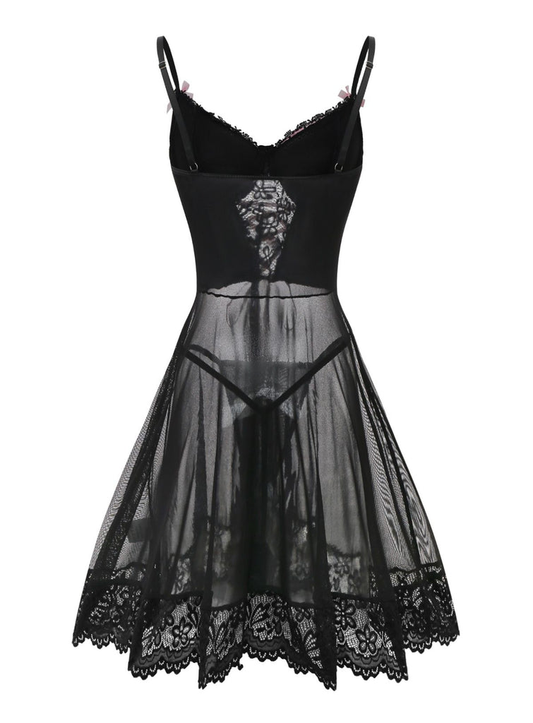 Black 1950s Spaghetti Strap Bow Lace Sleepwear