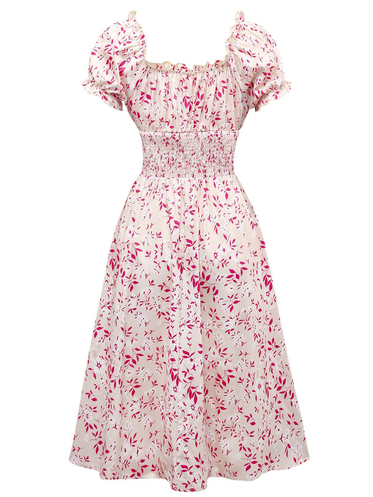 Pink 1940s V-Neck Floral Puff Sleeve Dress