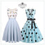 2PCS Blue 1950s Embroidery Pockets Dress & Bow Polka Dot Dress