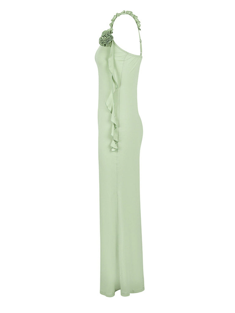 Green 1930s Spaghetti Strap 3D Flower Maxi Dress