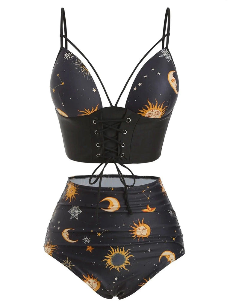 Red 1940s Sun Moon Stars Lace-Up Swimsuit