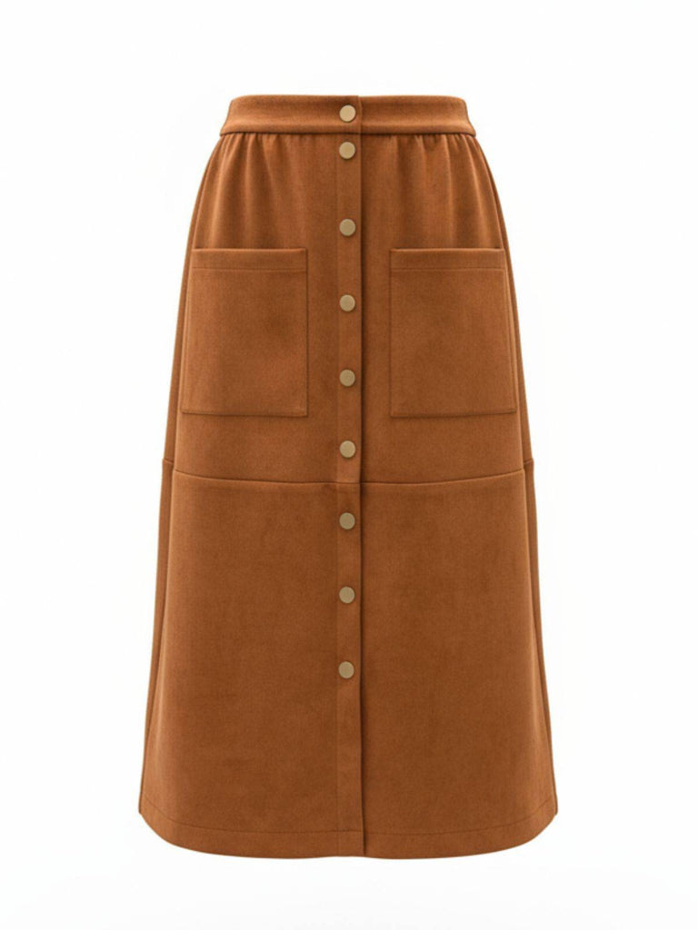 Brown 1960s Corduroy Button Front Pocket Midi Skirt