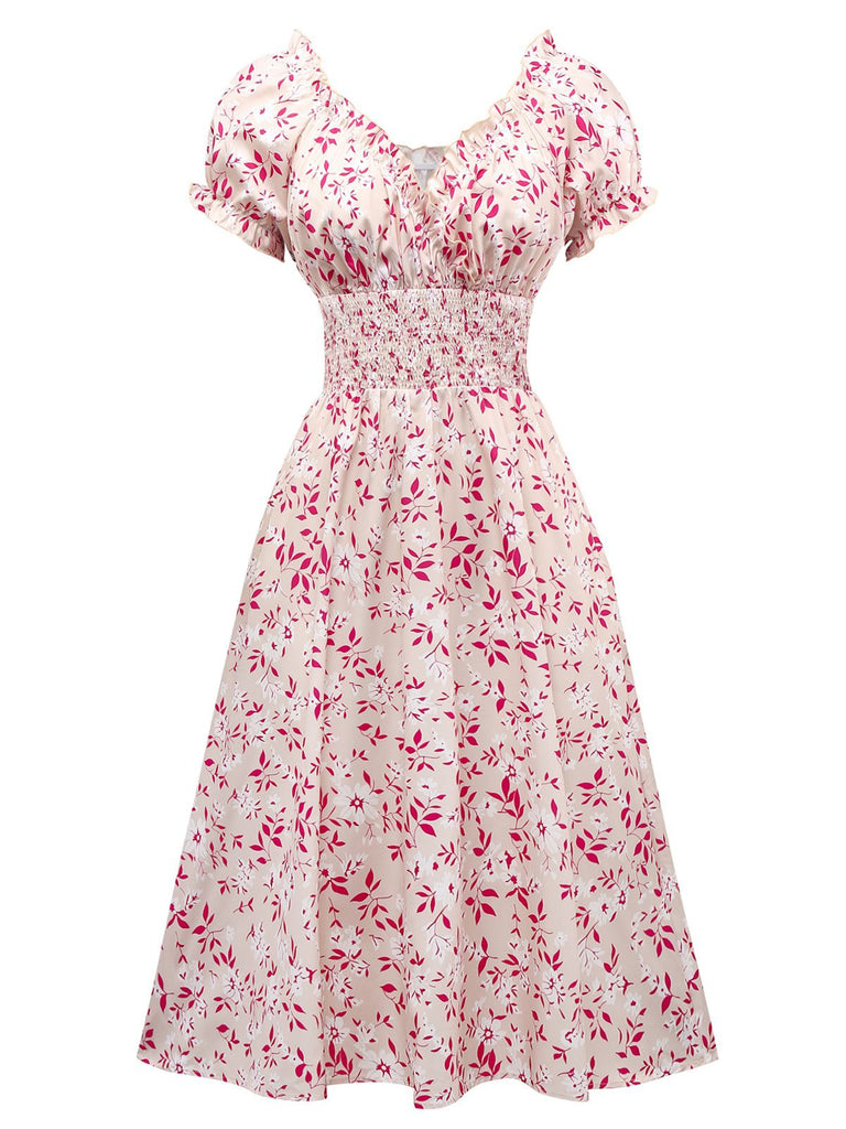 Pink 1940s V-Neck Floral Puff Sleeve Dress