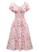 Pink 1940s V-Neck Floral Puff Sleeve Dress