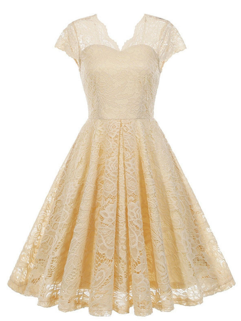 1950s Solid V-Neck Sleeveless Lace Dress