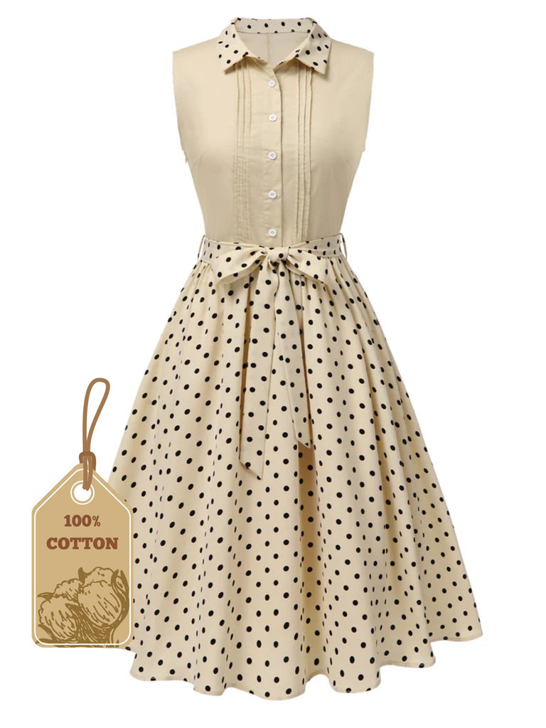Beige 1940s Cotton Polka Dot Lapel Dress