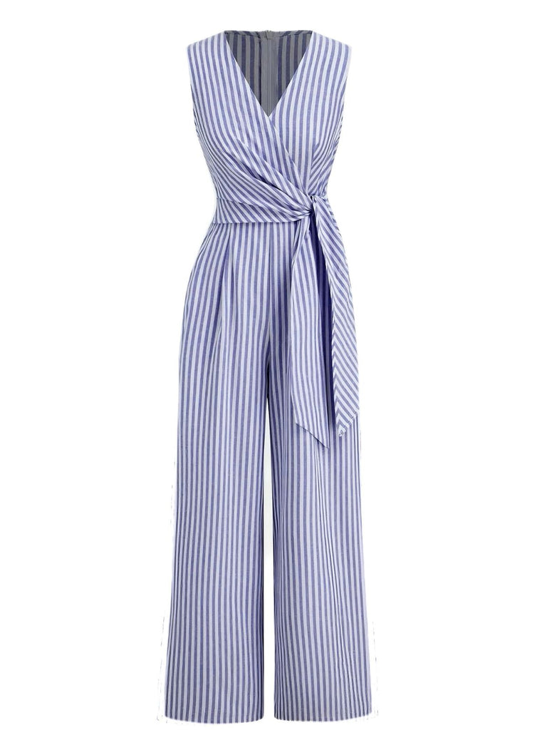 1940s V-Neck Striped Tie-Waist Sleeveless Jumpsuit