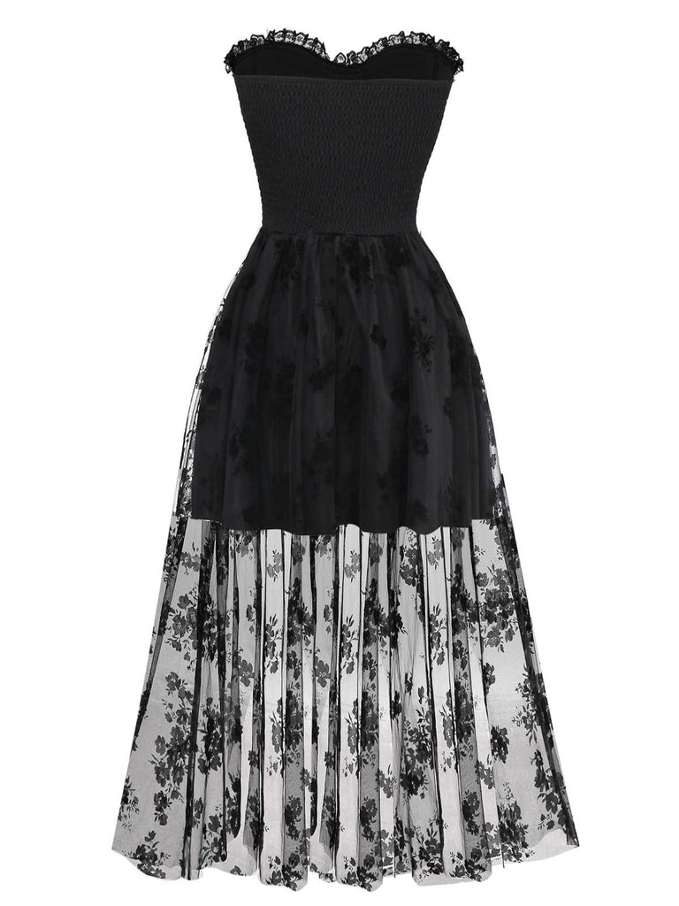 1970s Gothic Strapless Dark Bride Mesh Corset Dress