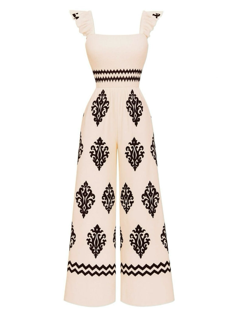 1970s Boho Geometric Print Square Neck Jumpsuit