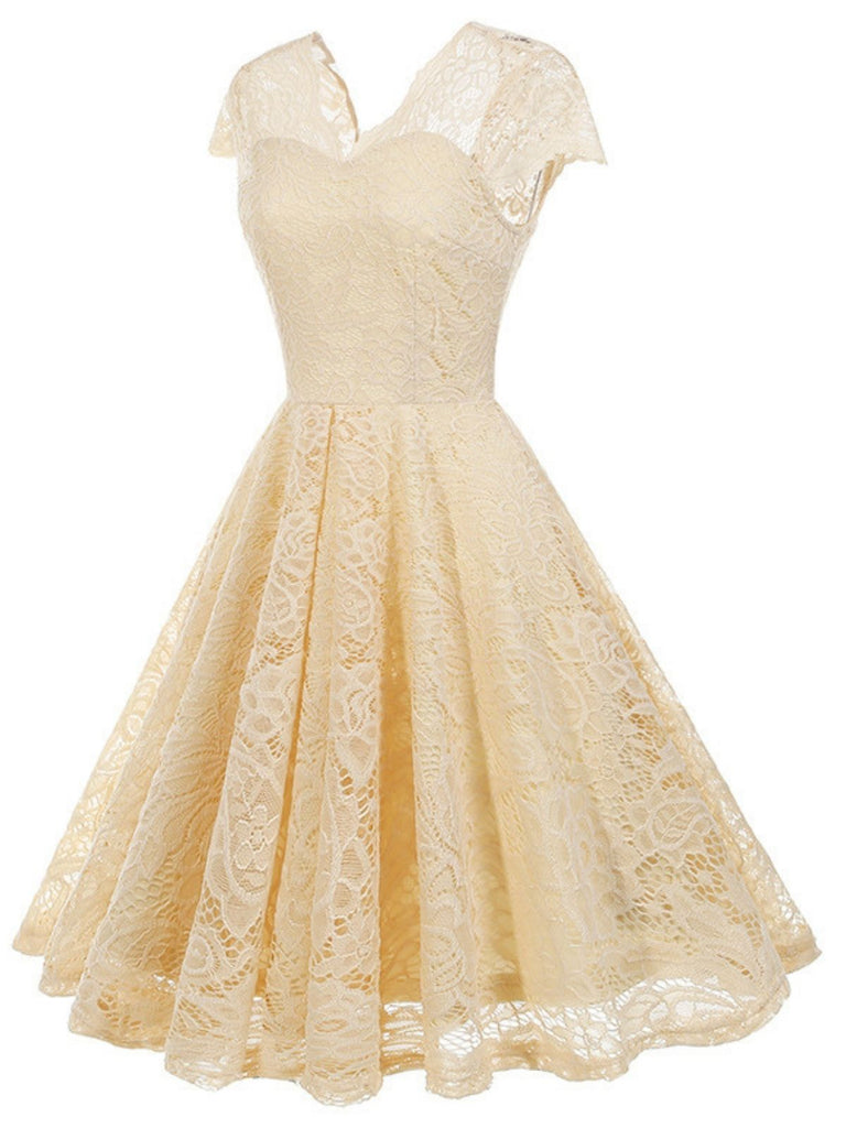1950s Solid V-Neck Sleeveless Lace Dress