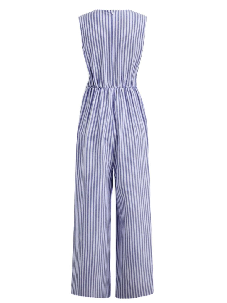 1940s V-Neck Striped Tie-Waist Sleeveless Jumpsuit