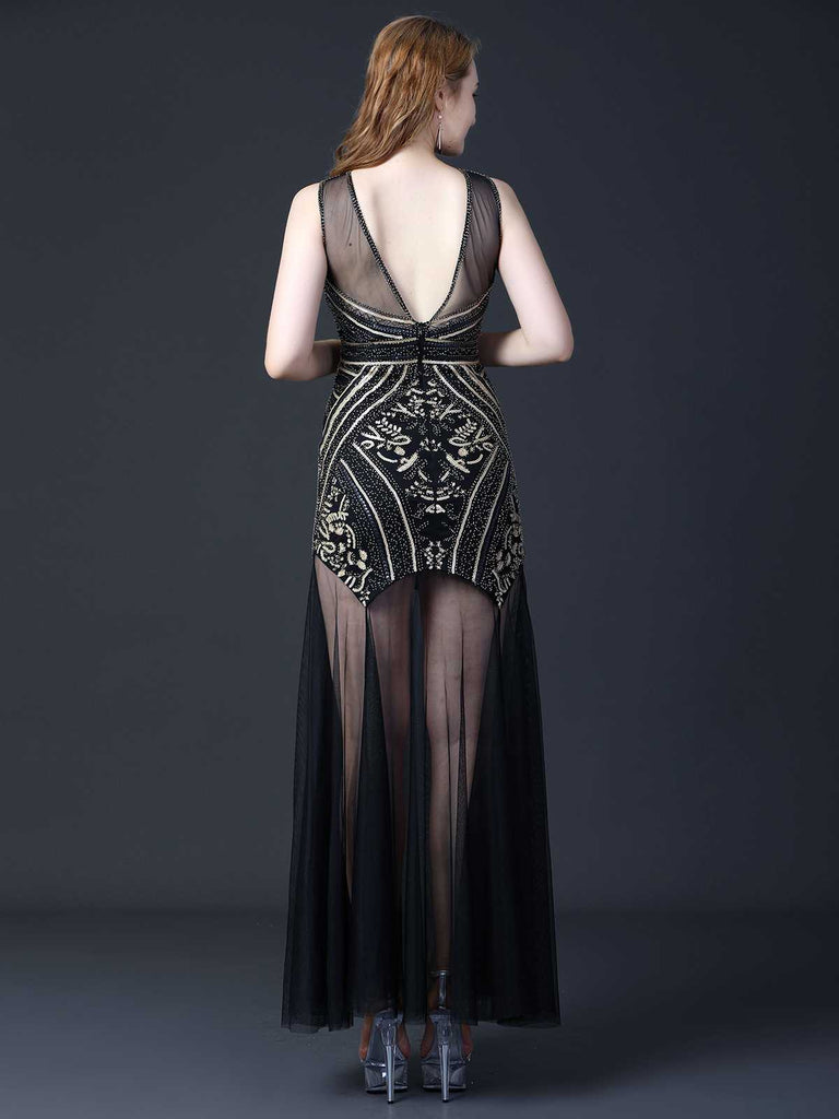 Black 1920s Round Neck Sheer Beading Dress