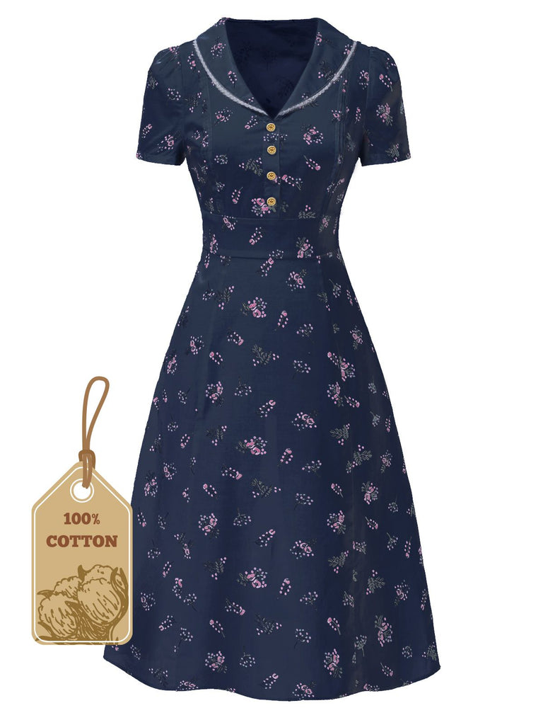 Pure Cotton Blue 1940s Puff Sleeves Floral Dress
