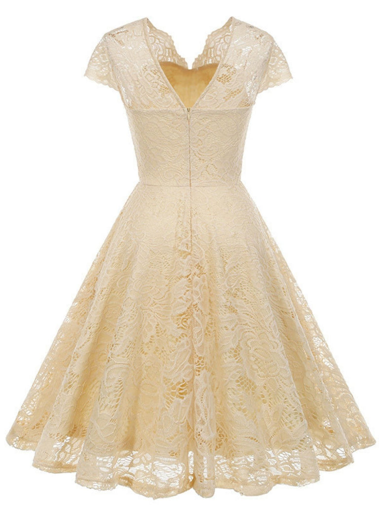 1950s Solid V-Neck Sleeveless Lace Dress