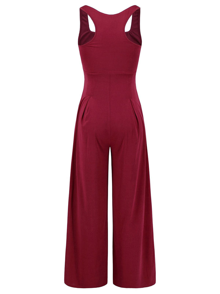 1950s Solid Square Neck Wide Strap Jumpsuit