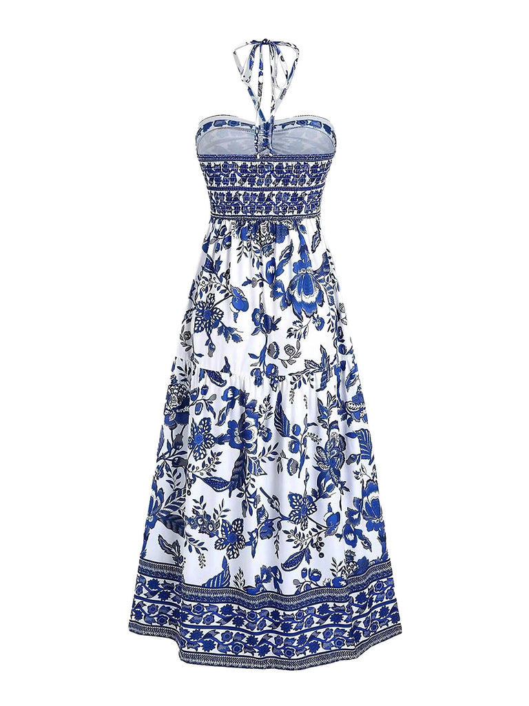 1970s Halter Ethnic Print Boho Dress