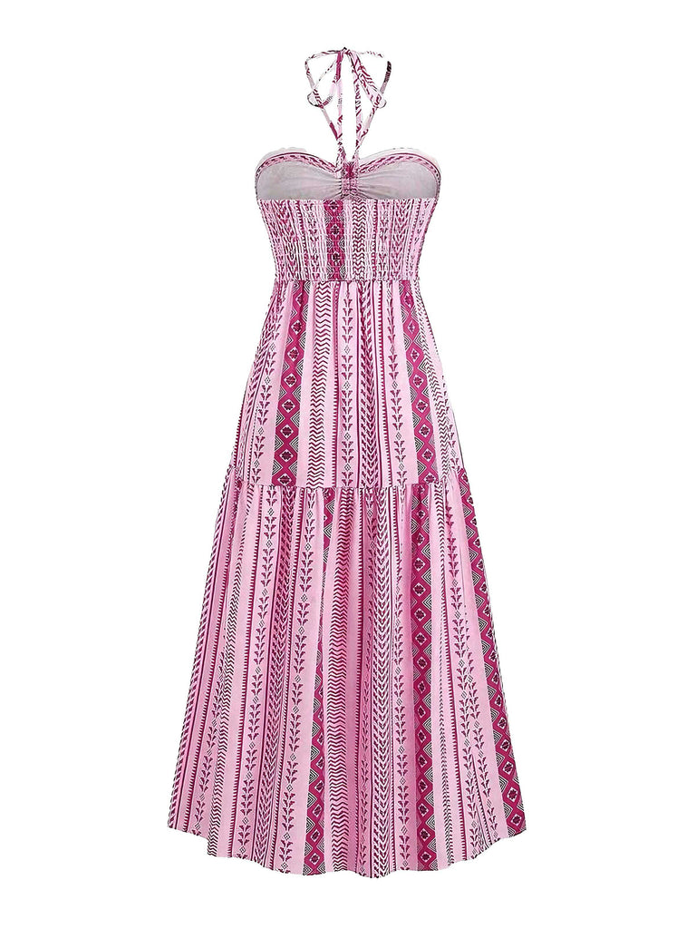 1970s Halter Ethnic Print Boho Dress