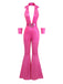 Pink 1970s Metallic Deep V-Neck Disco Jumpsuit