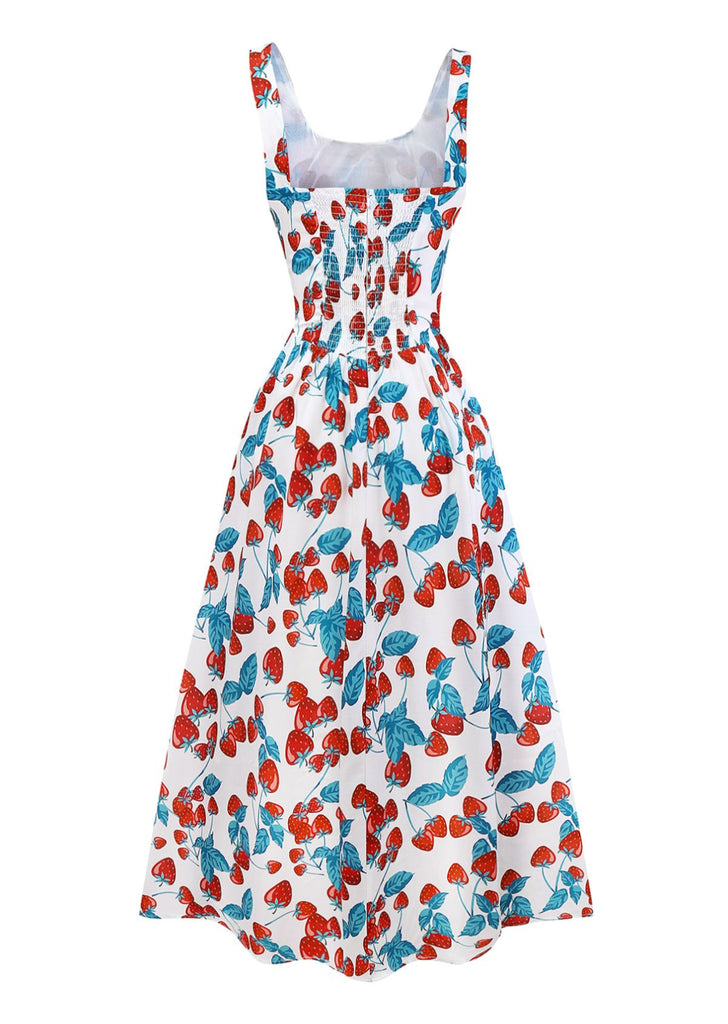 1950s Strawberry Square Neck Wide Strap Dress