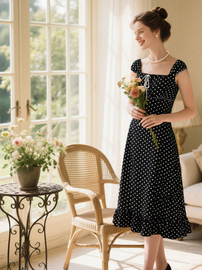 1940s Square Neck Polka Dot Ruffle Dress