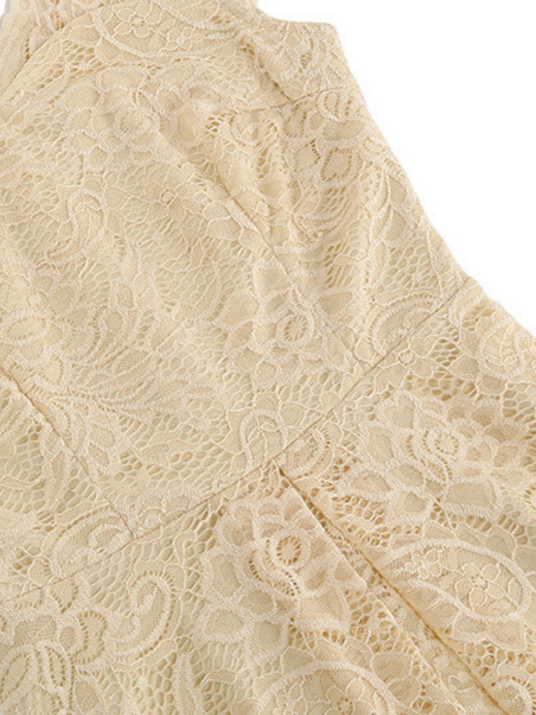 1950s Solid V-Neck Sleeveless Lace Dress