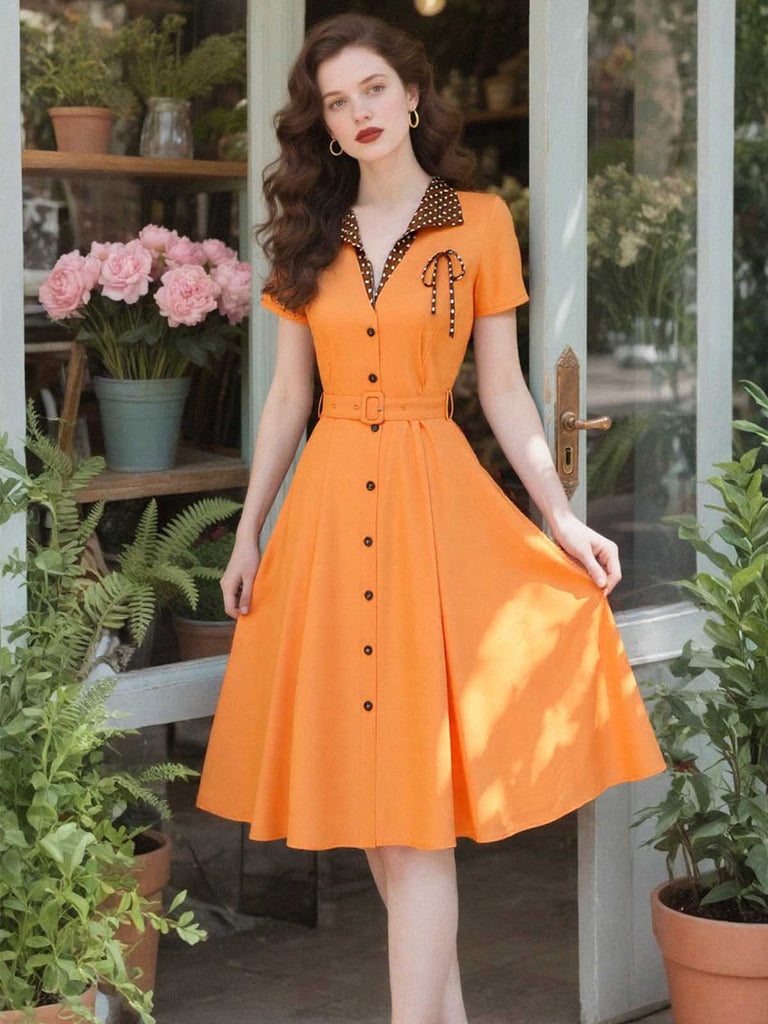 Orange 1940s Cotton Polka Dot Lapel Bow Dress