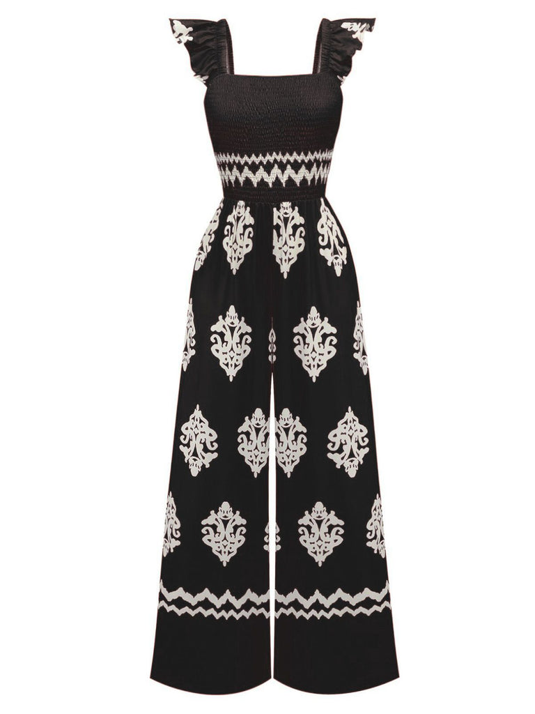 1970s Boho Geometric Print Square Neck Jumpsuit