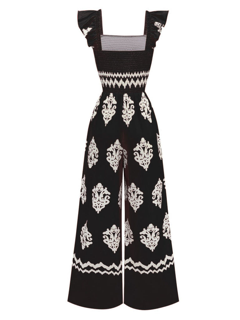 1970s Boho Geometric Print Square Neck Jumpsuit