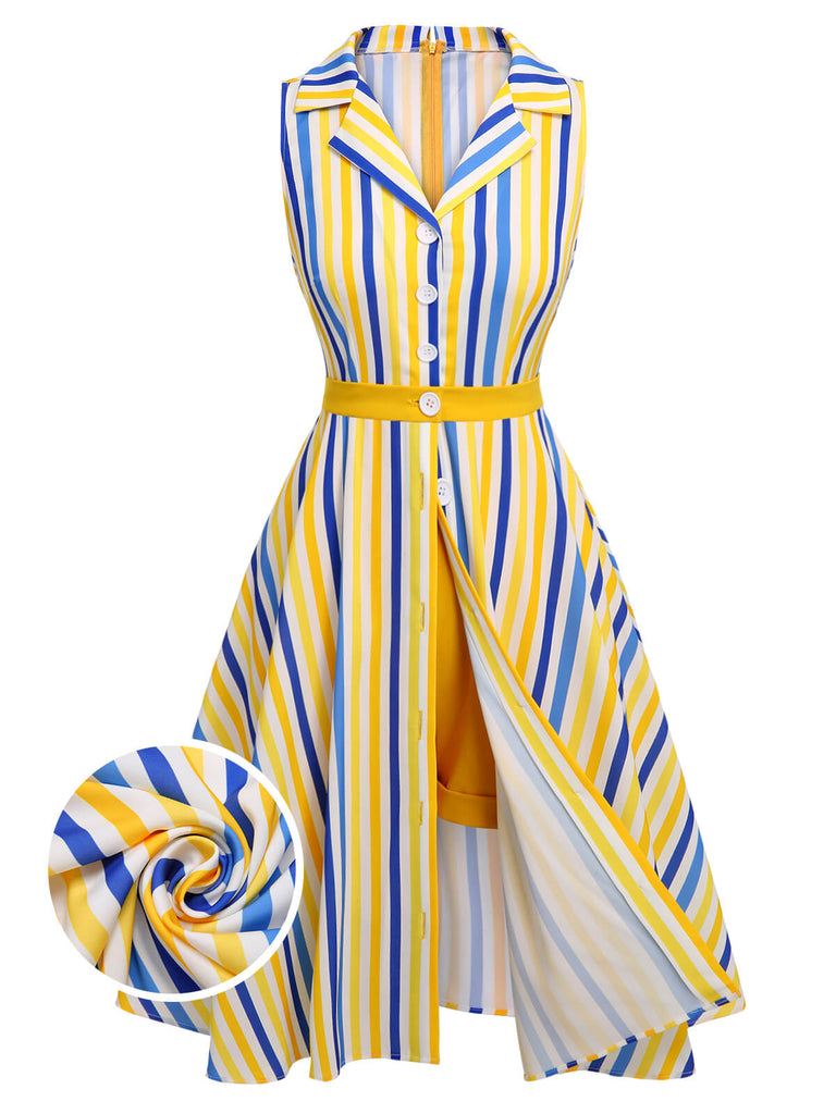 2PCS 1950s Yellow White Blue Striped Romper & Skirt