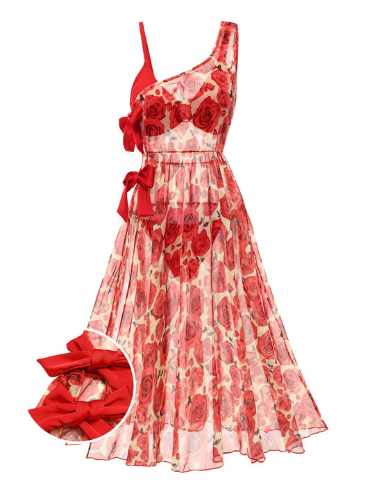 2PCS Red 1960s Glitter Ring Bikini Set & Roses Cover-Up