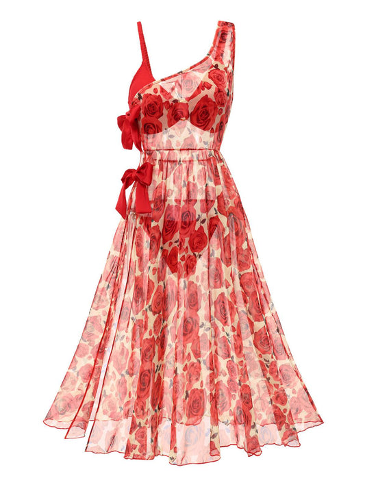 2PCS Red 1960s Glitter Ring Bikini Set & Roses Cover-Up