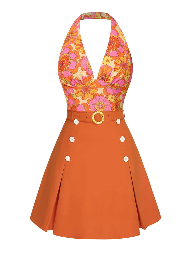 2PCS 1960s Floral Halter Top & Solid Skirt