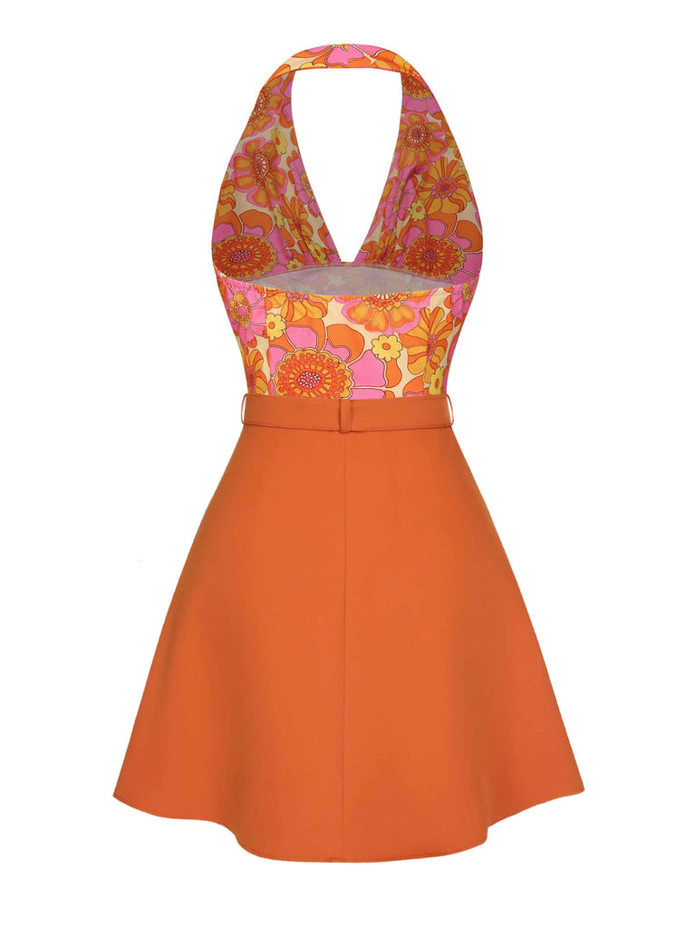 2PCS 1960s Floral Halter Top & Solid Skirt